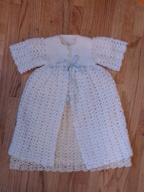 Handmade White &Cream Handknit Adorable Baby Dress with Blue Ribbon